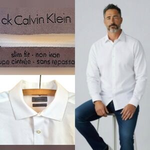 Calvin‎ Klein White Dress Shirt  | No Iron | 100% Cotton | Men M |